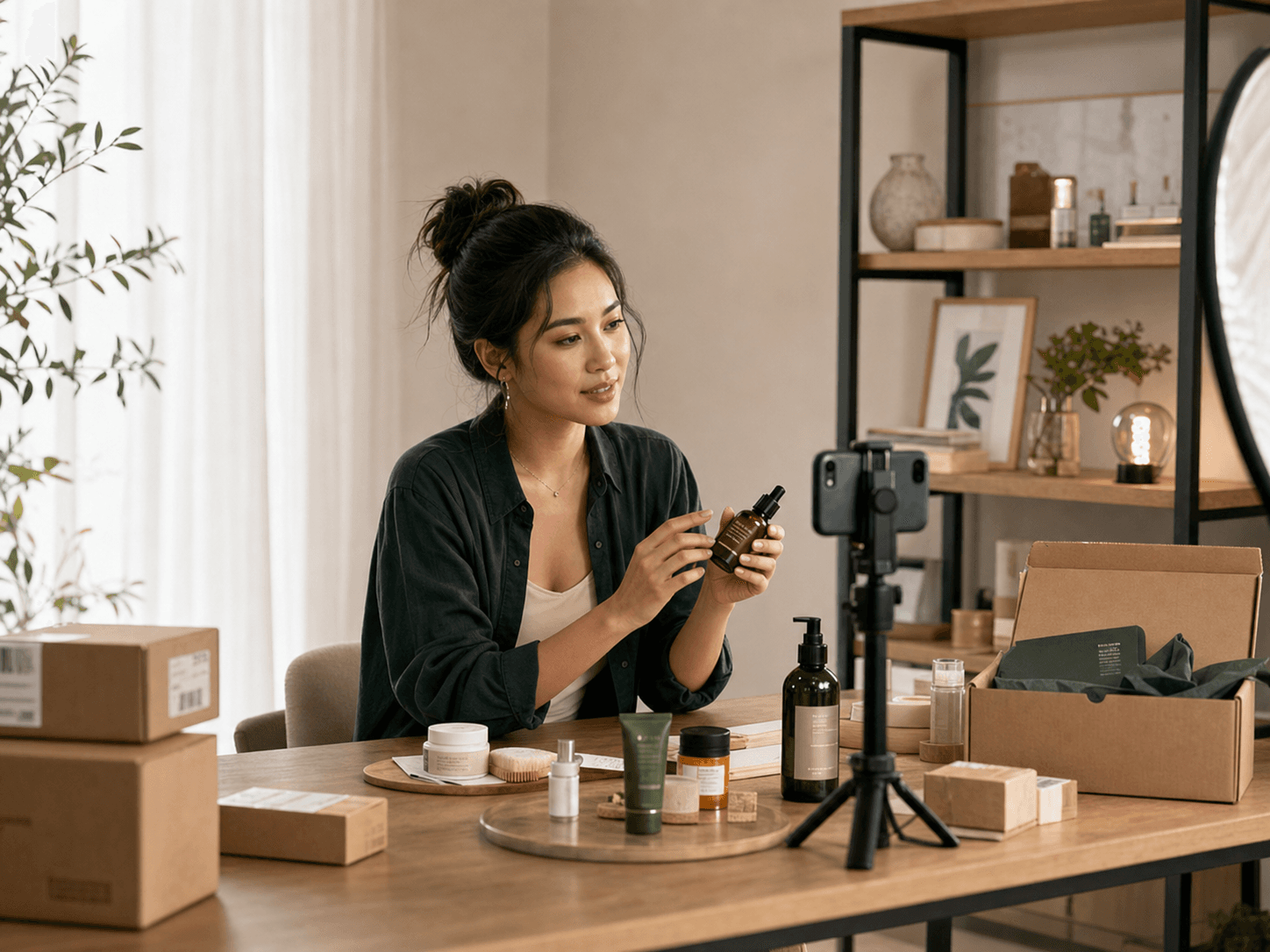 Beauty creator filming skincare products in a home studio