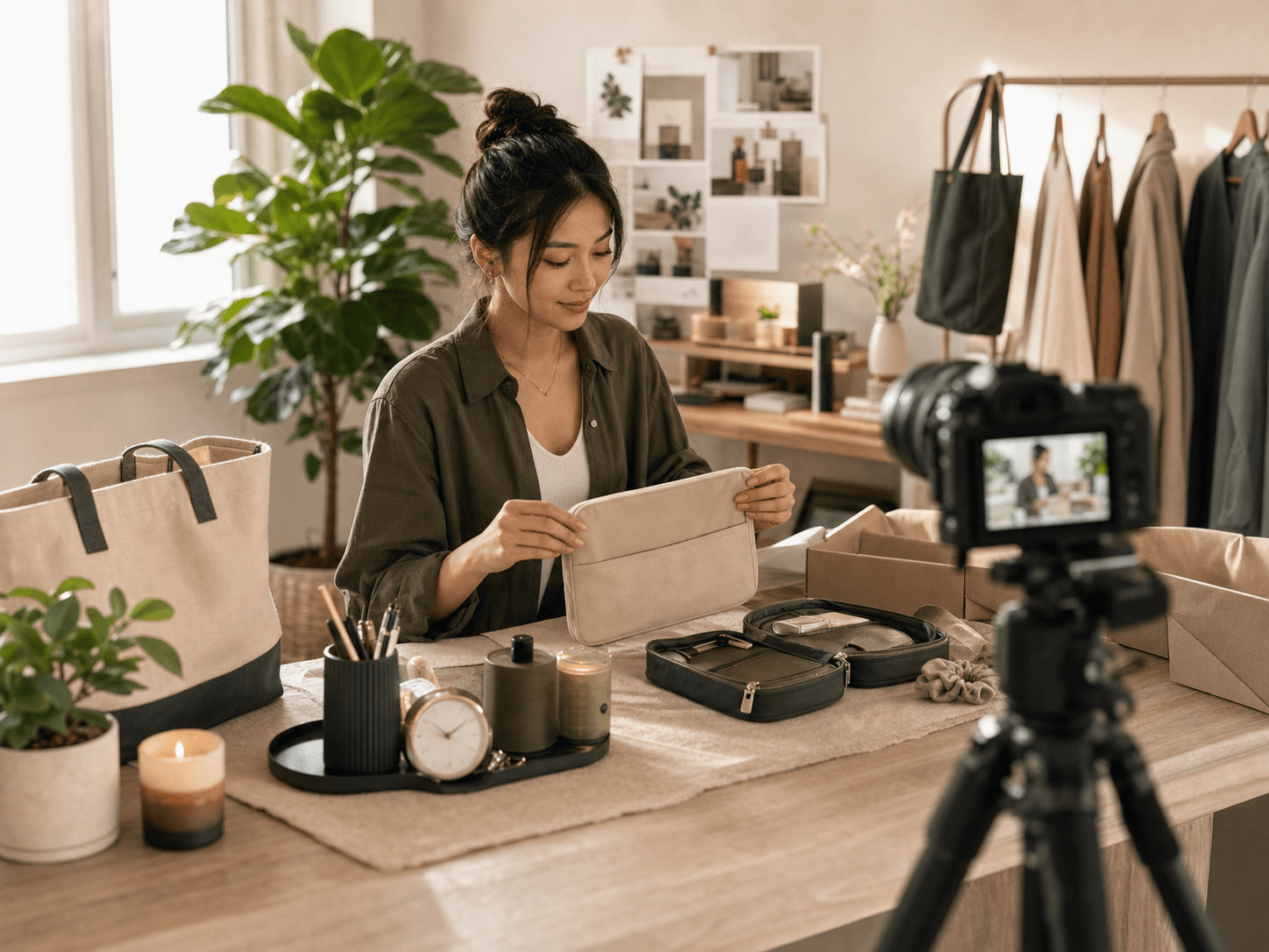 Home and travel creator arranging lifestyle products for content