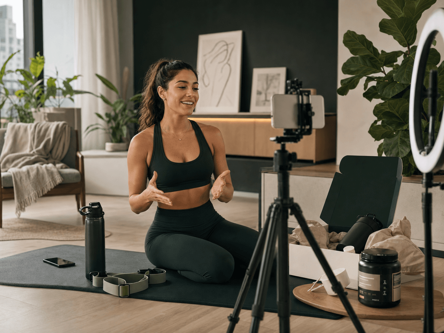 Wellness creator filming workout and nutrition products